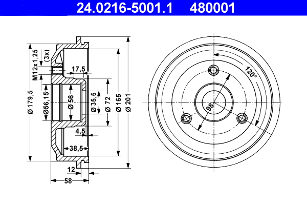 ATE 24.0216-5001.1 Bremstrommel