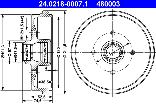 ATE 24.0218-0007.1 Bremstrommel